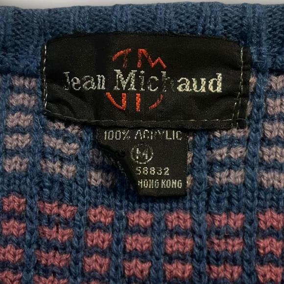 Vintage Checkered Patterned Sweater 1980s Jean Michaud Pullover Buttons Size Med - Picture 5 of 6